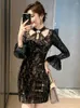 Casual Dresses Celebrity Retro Prom Women Luxury Qipao Black Lace Shiny Sequin Hollow Out BodyCon Gown Party Bankett Cheongsam Vestidos