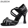 Chaussures de danse Dileechi Femmes latin noirs Satin strass avec net salsa fête squre salle de bal danse haute cuba talon 9cm