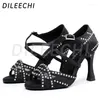 Chaussures de danse Dileechi Femmes latin noirs Satin strass avec net salsa fête squre salle de bal danse haute cuba talon 9cm