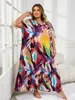 Plus Size Dresses Bohemian Printed Sexy V Neck Kort ärm Loose Dress Tunika för kvinnor 2024 Summer Beachwear Moo Q831