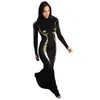 カジュアルドレスファッションスタイルの女性用服のソリッドカラースリムフィットラウンドネック長袖ドレスブラックモックネックスカートエレガントに見える