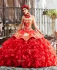 Органза красное мяч платье Quinceanera платья пышной вышивкой юбки Sweet 15 платья на заказ платье для выпускного вечера.