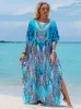 ボヘミアンシーサイドプラスサイズプリントKaftan Maxiドレスvネックスリットルーズローブ女性2024サマービーチウェア水着の隠蔽Q1415 240417