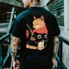 Men's T-Shirts Japanese Samurai Cat Harajuku Mens T-shirt Summer Strt Trend Black Casual T-shirt O-neck Short sleeved Silver Top Large Vintage Clothing T240425