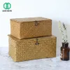 Baskets Large Handmade Storage Box Seagrass Woven Basket with Lid Sundry Bath Cosmetic Towel Container Makeup Organizer Gift Basket