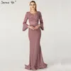 Feestjurken moslimroze luxe luxe lange mouwen avondparels kristallen kant formele jurken 2024 Dubai serene hill plus size bla60813
