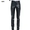 Pants Idopy New Mens Elastic Faux Leather Pants PU Motorcycle Ridding Black Slim Fit Dance Party Biker Trousers For Male