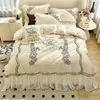 Bedding Sets Vintage Rose Flower Butterfly Lace Ruffles Princess Set 100S Egyptian Cotton Quilt/Duvet Cover Bed Sheet Pillowcases