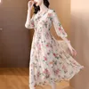 Casual Dresses Long Dress Women Summer 2024 French Style Three Quarter Sleeve Chiffon Elastic midja V-ringningshuvudsbildfärg