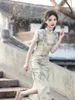 Etniska kläder 2024 kinesisk stil femme retro bläck tvättmålning qipao flicka kort ärm cheongsam elegant vestidos kvällsfest klänning