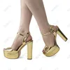 Sandaler Rontic Handmade Women Platform Shiny Ankle Strap Block High Heels Peep Toe Trevlig guld Silverklänningskor USA Size 5-20