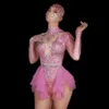 Stage desgaste de stromstones Bodysuit Mulheres elásticas malha rosa babados de cristal collant boyclub dançarina traje de fase de desgaste de desgaste