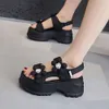 Women Summer 2024 New Fashion 8cm High Heels Platform Flower Sandals Ladies Open-toe Shoes Black Beige