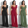 Kvinnors jumpsuits Rompers Womens Solid Color Casual Side Axel långa byxor med veckad hem Jumpsuit stropplösa långa byxor tätt montering Jumpsuit Y240425