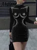 Sukienki zwykłe Abdieso Diamond Print Diament Kobiety Bodycon Sukienka Black Fashion Fashion 2024 Autumn O Neck Sexy Mini Prom Party