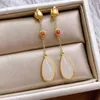 Dangle Earrings Inlaid With Natural An White Jade Drop Shaped Long Retro Court Style Flowers Fresh Charm Women's Brand Jewelry