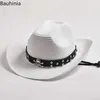 Chapéus de balde largura chapéus de balde decoração de caveira palha chapéu de cowboy ocidental para homens verão praia chapéu de sol enlouquece chapéus de salva -vidas sombrero hombre y240425