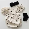 Rompers 2 Pcs Baby Girls Polka Dots Romper + Bow Headband Soft Breathable Infant Short Puff Sleeve Jumpsuit 0-24Months Newborn Clothing H240425