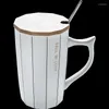 Mugs Modern Simple Coffee Tea Mug Nordic Wooden With Lid Spoon Ceramic For Couple Large Enamel Milk Tazas Para Cafe