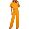 Kvinnors jumpsuits Rompers Womens Solid Color Straight Ben Jumpsuit Fashionable Short Sleeved Round Neck Dating Jumpsuit Y240425