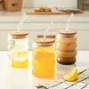 Tumblers 4st Creative Glass Cup with Lid Straw Heat Resistent Wave Beer Juice Ice Coffee Cups Cocktail Fruit Bubble Drinkware H240425