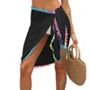 Women Sarongun CoverUp Chiffon Bikini embrulhando pura de roupas de banho sexy praia casual com borla colorida de pompom