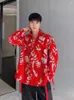 Men's Casual Shirts Spring Mens Vintage Sequined Flowers Velvet Shirt Loose Fit Lapel Single Breasted Top High Street Red Black