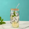 Tumblers 16oz Clear Drinking Glass Can With Bamboo Lid And Straw Juice Coffee Milk Cup For Hot/Cold Drinks Black Line Branches Leaves H240425