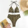 Moda de banho feminina Sexy Leopard Print Triangle Halter Bikinis Sets