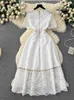 Party Dresses 2024 Summer French Lace Dress Women Fashion Sparched Hollow Metal Ring Buckle Elegant White Ladies Vintage