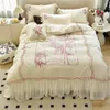 Bedding Sets Vintage Rose Flower Butterfly Lace Ruffles Princess Set 100S Egyptian Cotton Quilt/Duvet Cover Bed Sheet Pillowcases