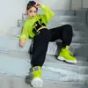 Stage Wear Jazz Costume Hip Hop Girls Abbigliamento Green Tops Green manica a rete pantaloni hip hop neri per performance per bambini abiti da ballo moderni BL5311 D240425