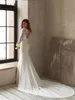 Elegant Satin Ruched Jewel sjöjungfru bröllopsklänning med rygglös pärlspets full ärmar trumpet brudklänningar 2024