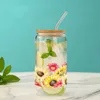 Tumblers 16oz Sunflower At The Bottom Of Cup Drinking Glass Can With Bamboo Lid And Straw Juice For Hot/Cold Drinks Drinkware H240425