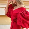 Work Dresses Hollowed-out Deep V Neck Women Outfit 2024 Spring Lantern Sleeve Top Pullover & High Waist Skirts Suit Summer Flower Button