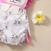 Rompers Summer Girls Cute Futterfly Sleeve Stitching Bow Rabbit Mönster One-Piece Kids Cartoon Cute One-Piece Romper Baby Easter Costume D240425