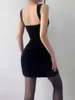 Casual Dresses Velvet Adult Lady Like Woman Temperament Waist-Controlled Low Cut Black Dress Sling