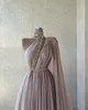 Dusty Pink Relective Sequins Evening Dresses With One Long Sleeve A Line High Collar Beaded Crystals Embelishment Party Occasion Gowns Teens Prom Dress BC18707