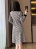 Casual Dresses Vintage Plaid Jacquard Sticked Short Dress for Women Streetwear Zipper Turtleneck Long Sleeve A-Line Pullover tröja