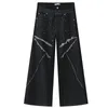 Herr jeans nit lapptäcke blå koreansk mode lösa raka byxor 2024 våren chic denim byxor svart