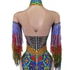 Stage Wear Sexy Multi-Color Rhinestones Tassel Bodysuit Nightclub Dançarino Party Stage Wear Pólo Dança Fringe Crystal Leotard Costume Cizhuan D240425