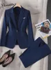 Yitimuceng Prink Blue Black Pant Suits Women Winter 2203 Korean Fashion Long Sleeve Formal Blazer and Pounsers2ピースセット240421