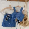 Kläder sätter mode baby flicka denim kläder set rem väst+kjol 2st kid jean rit sträng skörd toppdräkt outfit 2-10y q240425