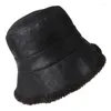 Berets Scwopeuer 여성 패션 겨울 가역 버킷 모자 단색 두꺼운 가짜 도망