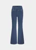 2024 Glockenboden Jeans für Frauen hohe Taille Dehnte Flare Jeans Crossover Ziehen Sie die Bauchkontrollhose mit Taschen 2404252