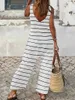 Women's Jumpsuits Rompers Striped printed tank jumpsuit casual wide leg strapless crew neck jumpsuit womens clothing Y240425