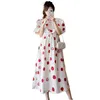 Maternity Dresses Summer Maternity Polka Dot Dress Puff Sleeve O-Neck Fashion Printing Pregnant Womens Polak Dot Dress Long Loose Pregnancy Dress