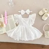 Flickans klänningar nyfödda flickor prinsessan jumpsuit söt spets ärmar klänning jumpsuit set + bow hårnål baby flicka härlig 2st D240425