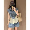 Mode voor dames 2024 Zomer Nieuwe Europese stijl Silk Denim Patchwork Top Wide Leg Shorts Tweedelige set