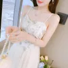 Casual Dresses 2024 Summer Women Long Dress Gauze Spliced Sweet Girl Chinese Style Frog Fragmented Flower Elegant Strap Suspenders